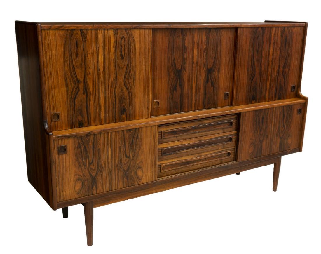 DANISH MID-CENTURY MODERN ROSEWOOD SIDEBOARD: Danish mid-century modern rosewood sideboard, c. 1960s, the upper section with three sliding doors opening to shelves and drawers, the lower case with three central drawers flanked at each side by sli