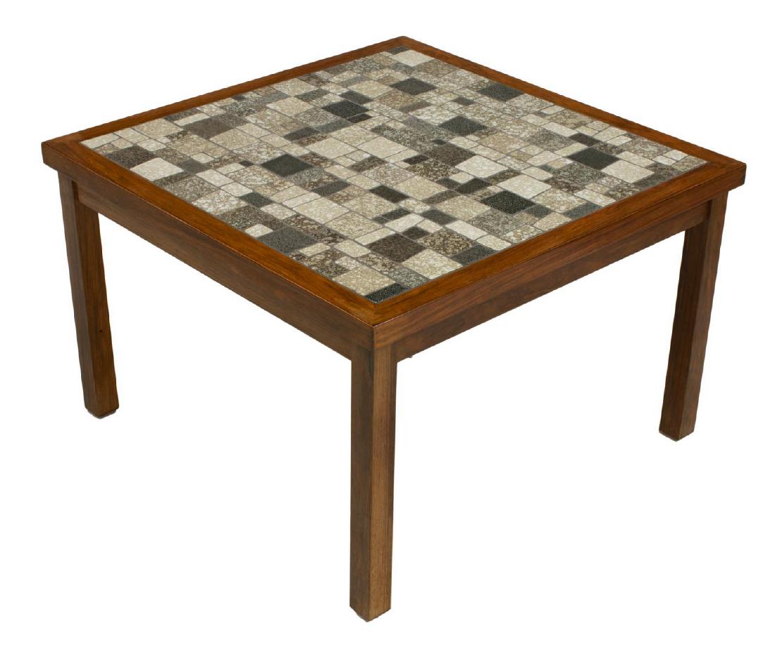 DANISH MID-CENTURY ROSEWOOD TILE-TOP COFFEE TABLE: Danish mid-century modern coffee table, c. 1960s, having square tile top, in rosewood frame, rising on straight legs, approx 21"h, 32"w, 32"d Start Price: $100.00
