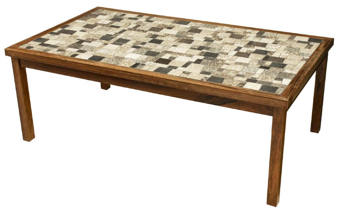 DANISH MID-CENTURY ROSEWOOD TILE-TOP COFFEE TABLE: Danish mid-century modern tile top coffee table, mid 20th c., having stone tile top encased in rosewood frame, fading to frame, approx 20.75"h, 56.25"w, 32"d Start Price: $100.00