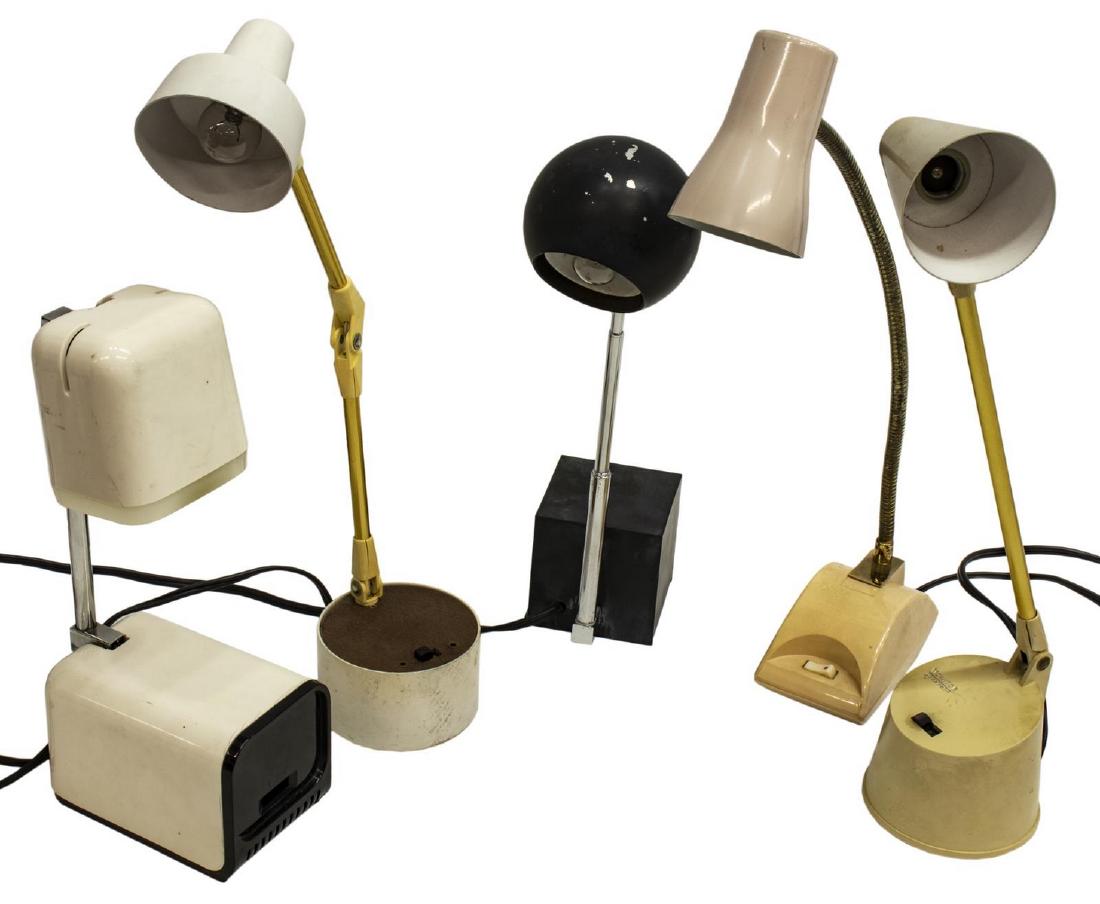 (5) MID-CENTURY DESK LAMPS, LIGHTOLIER, TENSOR: (lot of 5) Mid-century modern desk lamps, c.1950s-1970s, highlights include: (1) designed by Michael Lax for Lightolier, adjustable domed shade, on telescopic standard, cubic base, marked underfoot, a