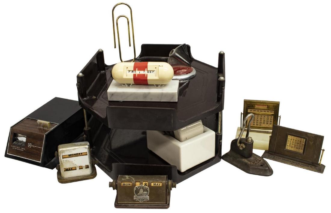 (LOT) VINTAGE & MID-CENTURY DESK ACCESSORIES: (lot) Collection of vintage desk accessories, mid 20thc., including: (1) desk organizer, (5) perpetual calendars, (1) electronic tape dispenser, and (1) paperclip shaped paper holder, organizer approx