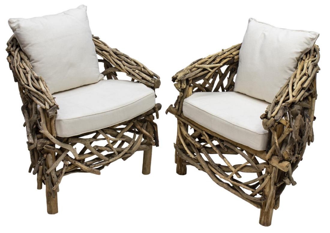 2) NEW DUPIS FURNITURE 'SURYA' DRIFTWOOD ARMCHAIRS: (lot of 2) New Dupis Furniture "Silla Surya" armchairs, assembled driftwood frames, with removable back and seat cushions, approx 32.5"h, 34"w, 28"d *Provenance: Inventory liquidation of a local retai