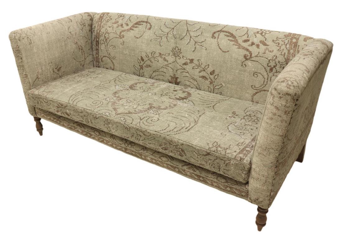NEW DUPUIS FURNITURE 'NUBE KILIM' THREE-SEAT SOFA: New Dupuis Furniture "Nube" three seater sofa, intentionally distressed Kilim style upholstery, high back and sides, single long seat cushion, rising on front turned legs, approx 35"h, 79"w, 34"d *Pro