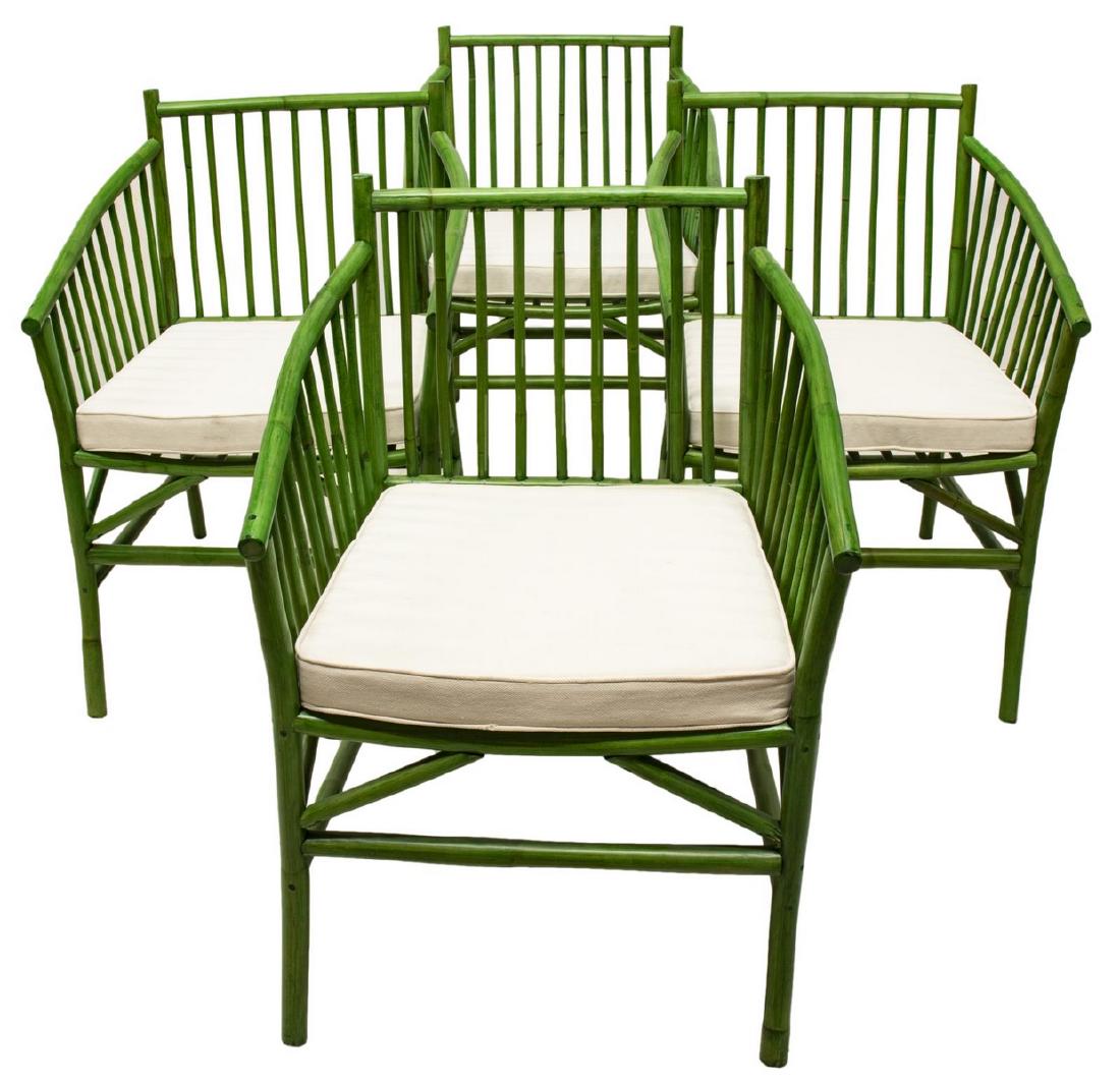 4)NEW DUPUIS FURNITURE MALACA VERDE BAMBOO CHAIRS: (lot of 4) New Dupuis Furniture "Silla Malaca Verde" chairs, having green painted bamboo frame, with spindle back, over removable white seat cushion, rising on stretcher-joined legs, approx 35"h, 24.2