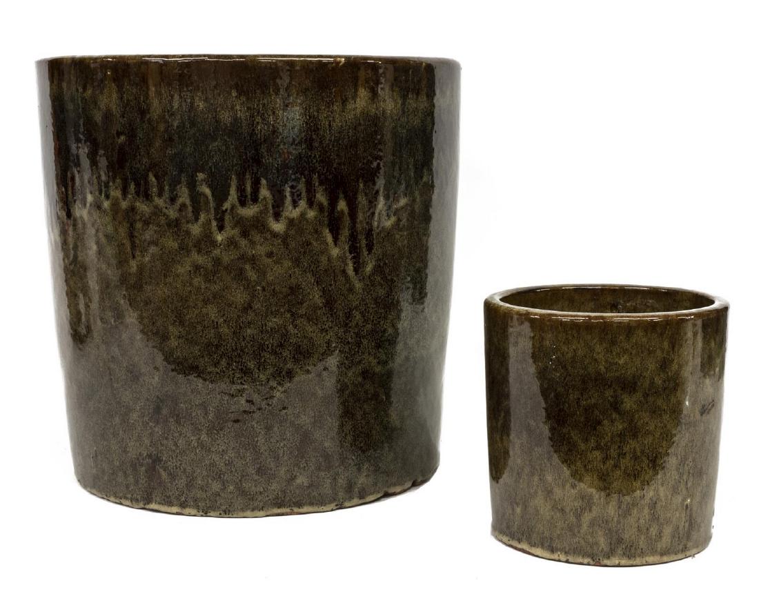 2) NEW DUPUIS FURNITURE 'CHLOE' BROWN FLOWER POTS: (lot of 2) New Dupuis Furniture "Chloe" flower pots, in two sizes, the cylindrical earthenware pots finished with a cappuccino glaze, having drainage hole at bottom, larger: approx 16"h, 15.75"diam, s