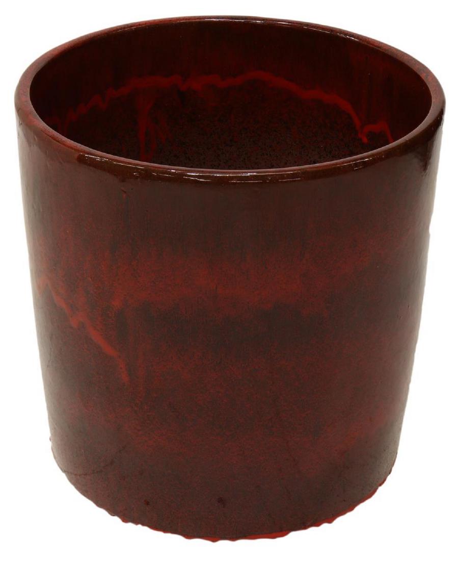 NEW DUPUIS FURNITURE 'CHLOE' LARGE RED FLOWER POT: New Dupuis Furniture "Chloe" large red flower pot, the cylindrical earthenware flower pot having a red glaze, with drainage hole at bottom, approx 20"h, 19.75"diam *Provenance: Inventory liquidation o