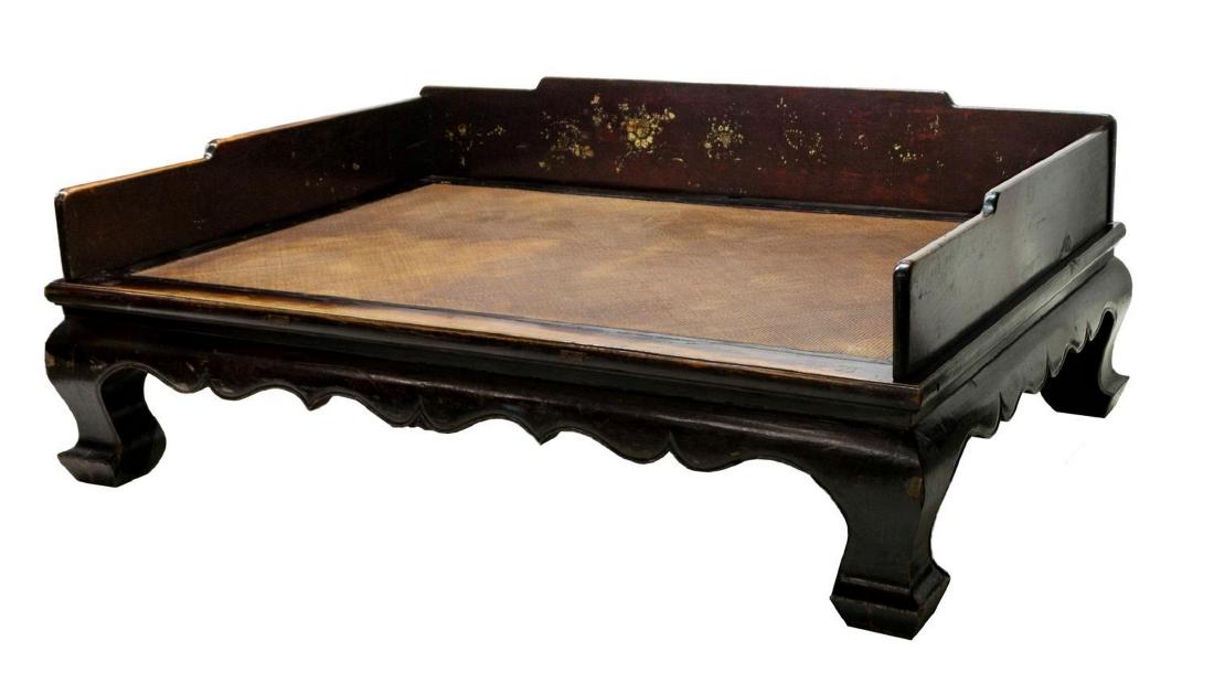 ANTIQUE CHINESE CARVED WOVEN TOP OPIUM BED, MING: Antique Chinese carved opium bed, possibly Ming Dynasty, having a low back and side supports over the woven top reinforced with jute string supports, rising on four thick legs, 35"h, 97"w, 63"d Start