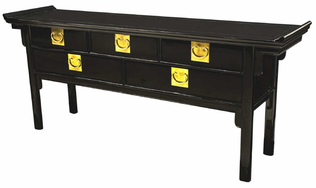 CENTURY CHINOISERIE 'CHIN HUA' CONSOLE ALTAR TABLE: Chinoiserie "Chin Hua" console table, late 20th c., unmarked, attributed to Century Furniture Hickory, NC, in black lacquer finish, having pagoda tabletop, over five drawers with gilt metal pulls, app