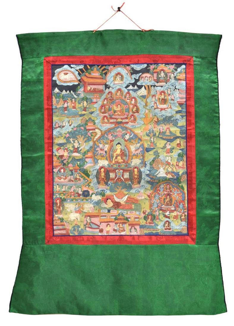 TIBETAN BUDDHIST THANGKA WALL HANGING PAINTING: Unframed polychrome gouache on thin linen wall hanging, Tibetan Thangka, depicting the story of Buddha, surrounded by a green and red silk border, image: 20.25"h, 15.75"w, overall: 33"h, 23"w Start Pr