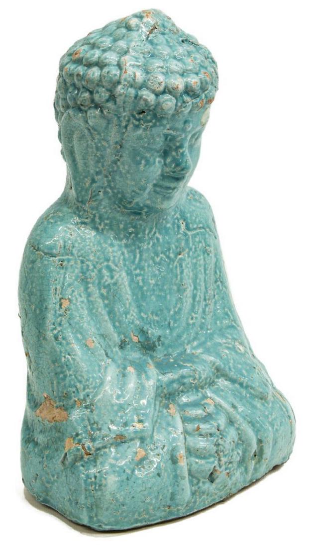 JAPANESE MEIJI SEATED BUDDHA SCULPTURE: Japanese ceramic seated Buddha figure, mid Meiji period, finished in a blue green glaze, chipping, 12"h, 7.75"w, 6"d, 9lbs Start Price: $60.00