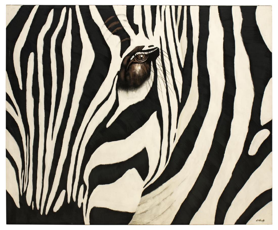LARGE R. ATKINS OIL PAINTING ON CANVAS, ZEBRA FACE: Unframed oil painting on canvas, Zebra Face, signed lower right R. Atkins (American, 20th/21st c.), 48"h, 60"w, 10lbs Start Price: $150.00