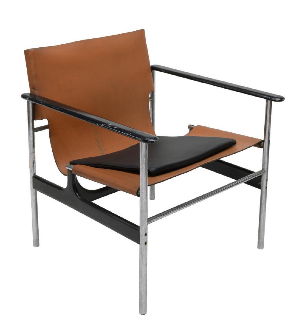 POLLOCK KNOLL ASSOCIATES MODEL 657 SLING ARMCHAIR: Model 657 armchair, designed by Charles Pollock (United States, 1930-2013) for Knoll Associates, tubular chrome steel frame, cast aluminum arms and stretcher in black finish, saddle leather sling seat