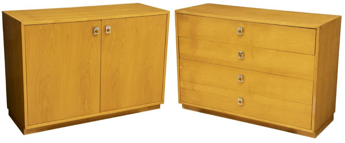 (2) MID-CENTURY JACK CARTWRIGHT FOUNDERS DRESSERS: (lot of 2) Mid-century modern maple dressers, c. 1960s, designed by Jack Cartwright for Founders Furniture, with chromed metal geometric pulls, (1) chest of four drawers, (1) double-door cabinet, risi