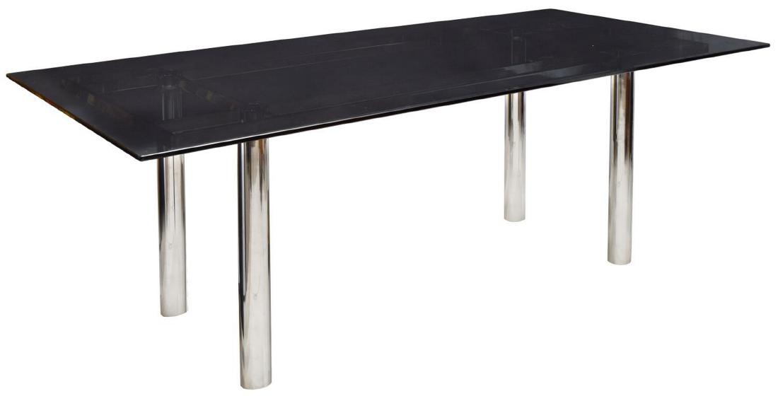ITALIAN MODERN GLASS TOP CHROME DINING TABLE: Italian modern dining table, c. 1970s, design attributed to Tobia Scarpa (Italy, b.1935) for Gavina, smoked glass top rising on tubular chrome base, approx 28.75"h, 79.75"w, 40"d Start Price: $100.00