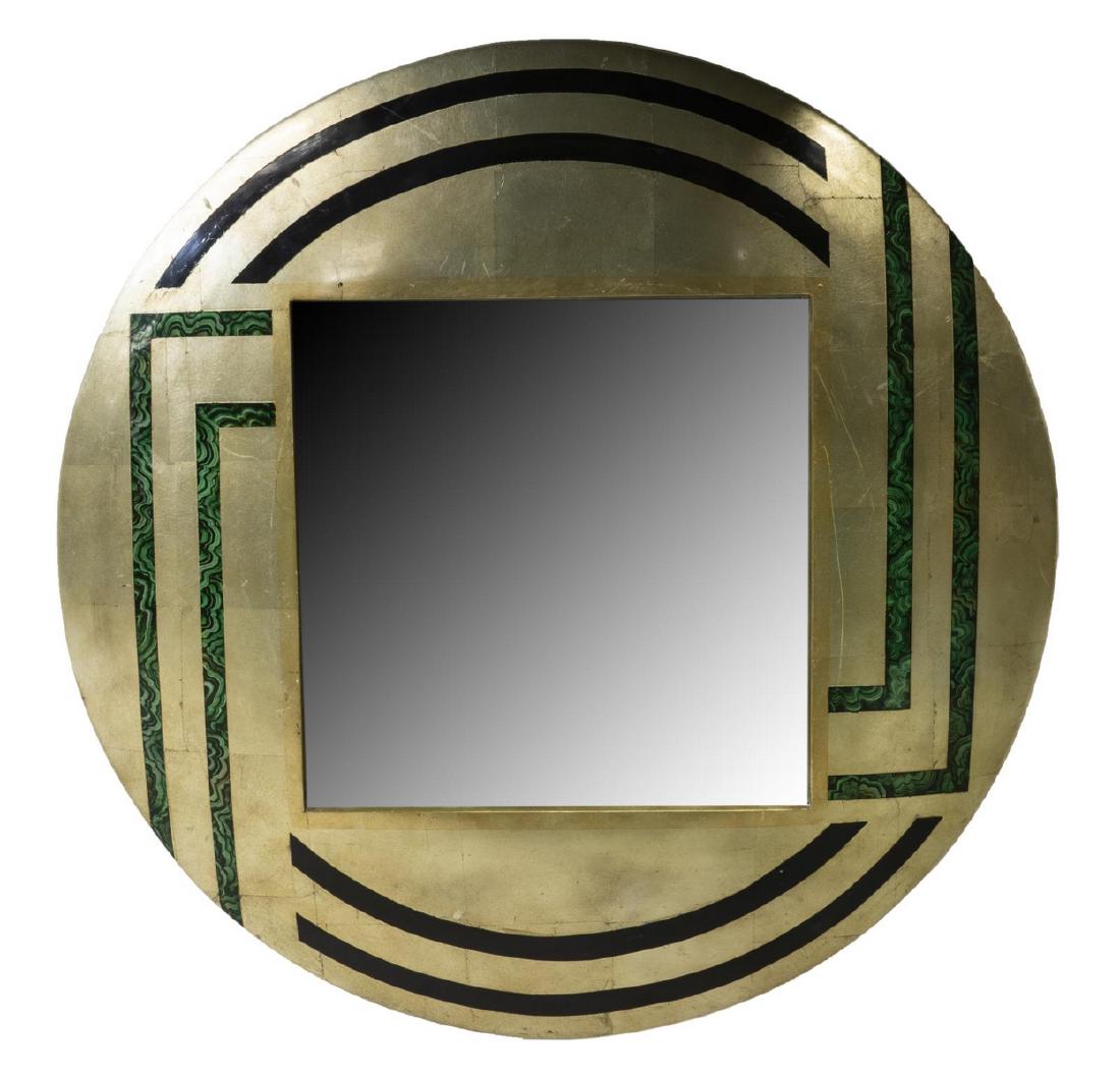 DESIGNER FAUX MALACHITE CIRCULAR WALL MIRROR: Modern wall mirror, late 20th c., circular frame in brushed gold finish, with black and faux malachite geometric design, centering flat mirror plate, approx 36"diam, 31.25lbs Start Price: $100.00