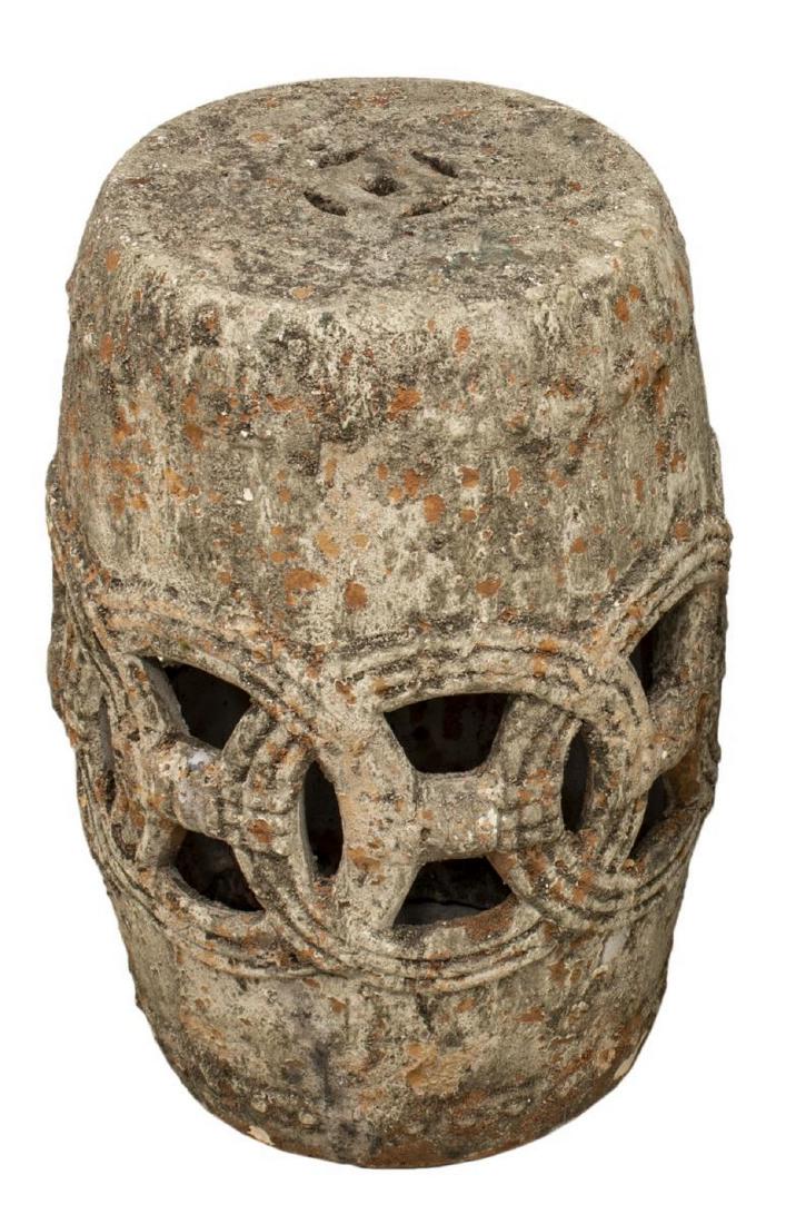 NEW DUPUIS FURNITURE 'OCHOS' CAST STONE STOOL: New Dupuis Furniture "Ochos" cast stone garden stool, having a circular open work design, approx 24"h, 14.5"diam *Provenance: Inventory liquidation of a local retailer direct from "The iconic Mexican 
