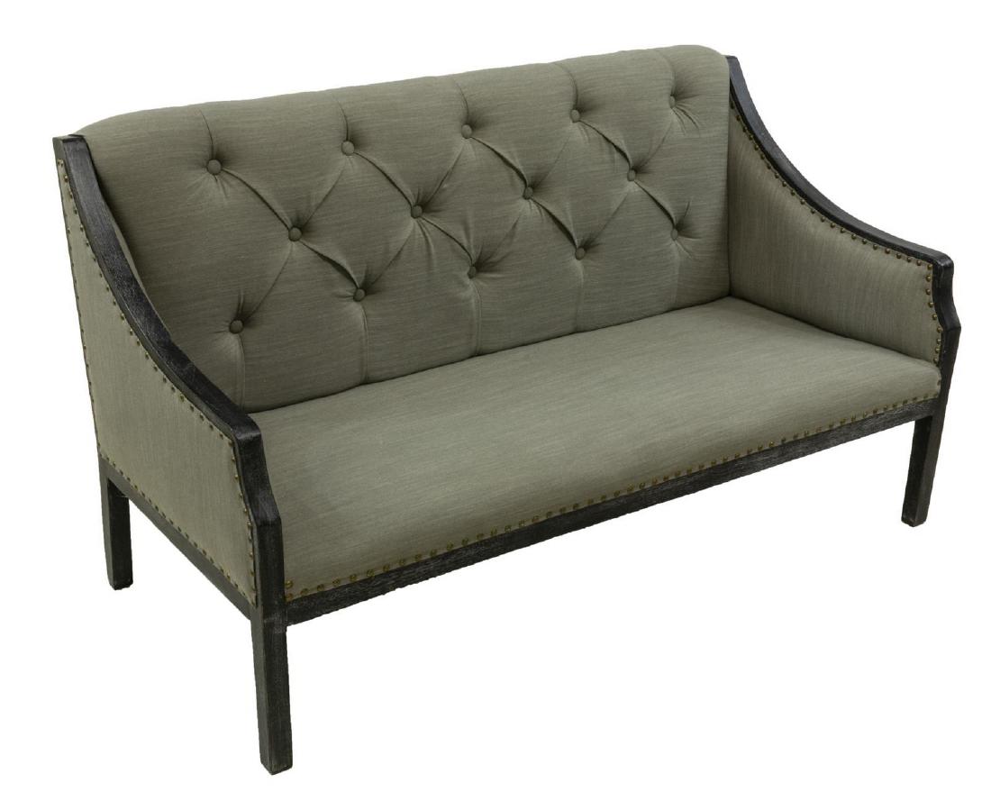 NEW DUPUIS FURNITURE 'FENELLA' GREY LINEN SOFA: New Dupuis Furniture "Fenella" sofa, having grey linen upholstery, accented by a button tufted backrest and brass tacking, with two removable cushions, supported by a lightly distressed black painted 