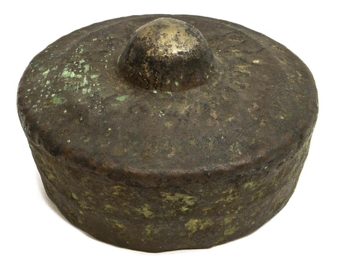 PATINATED BRONZE TEMPLE GONG: Patinated bronze temple gong, believed to be Edo period, 18th c., crack in bronze at second tier in top, 4.5"h, 7"diameter, Start Price: $40.00