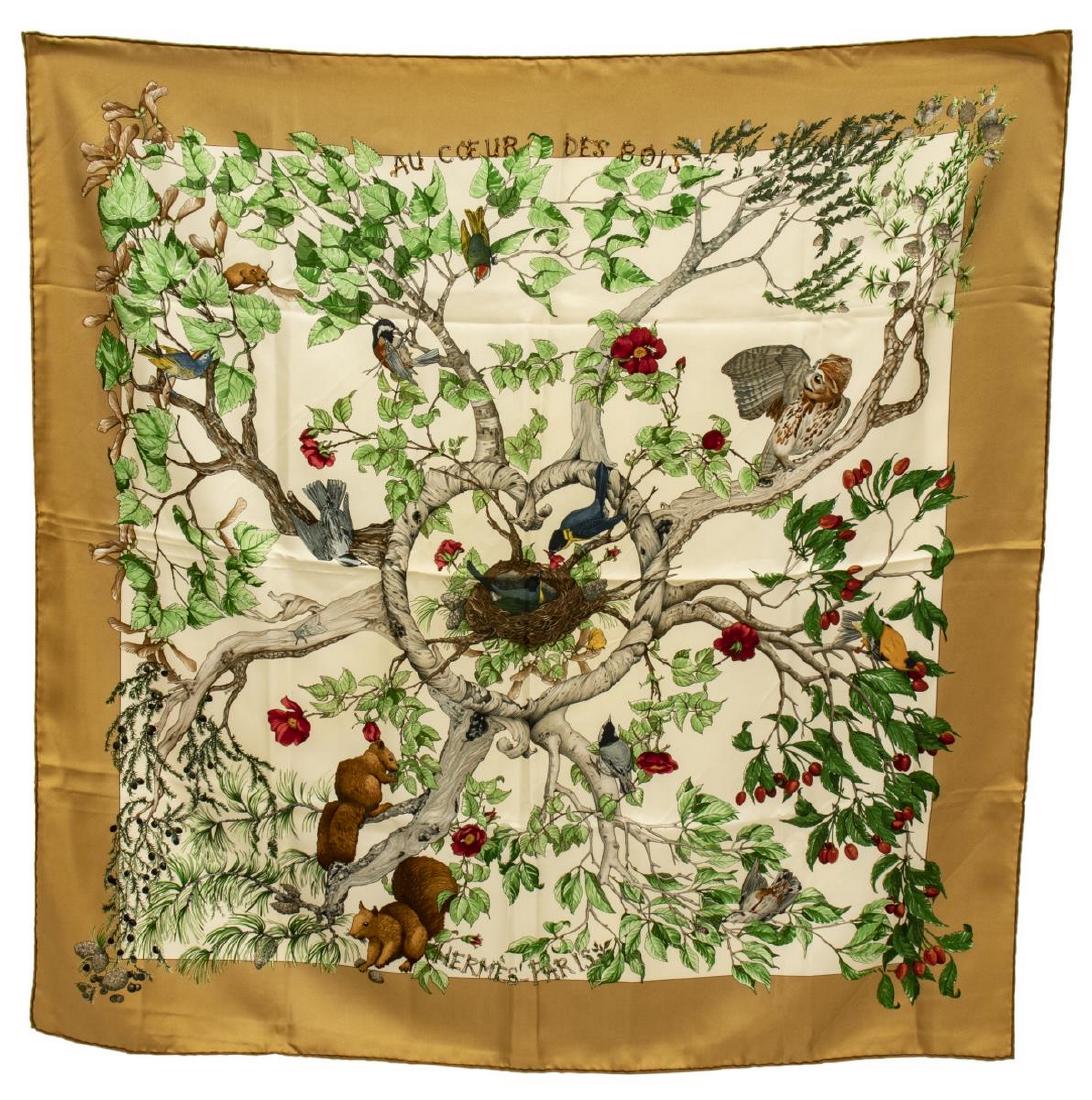HERMES SILK TWILL SCARF, 'AU COEUR DES BOIS' (1 of 3)