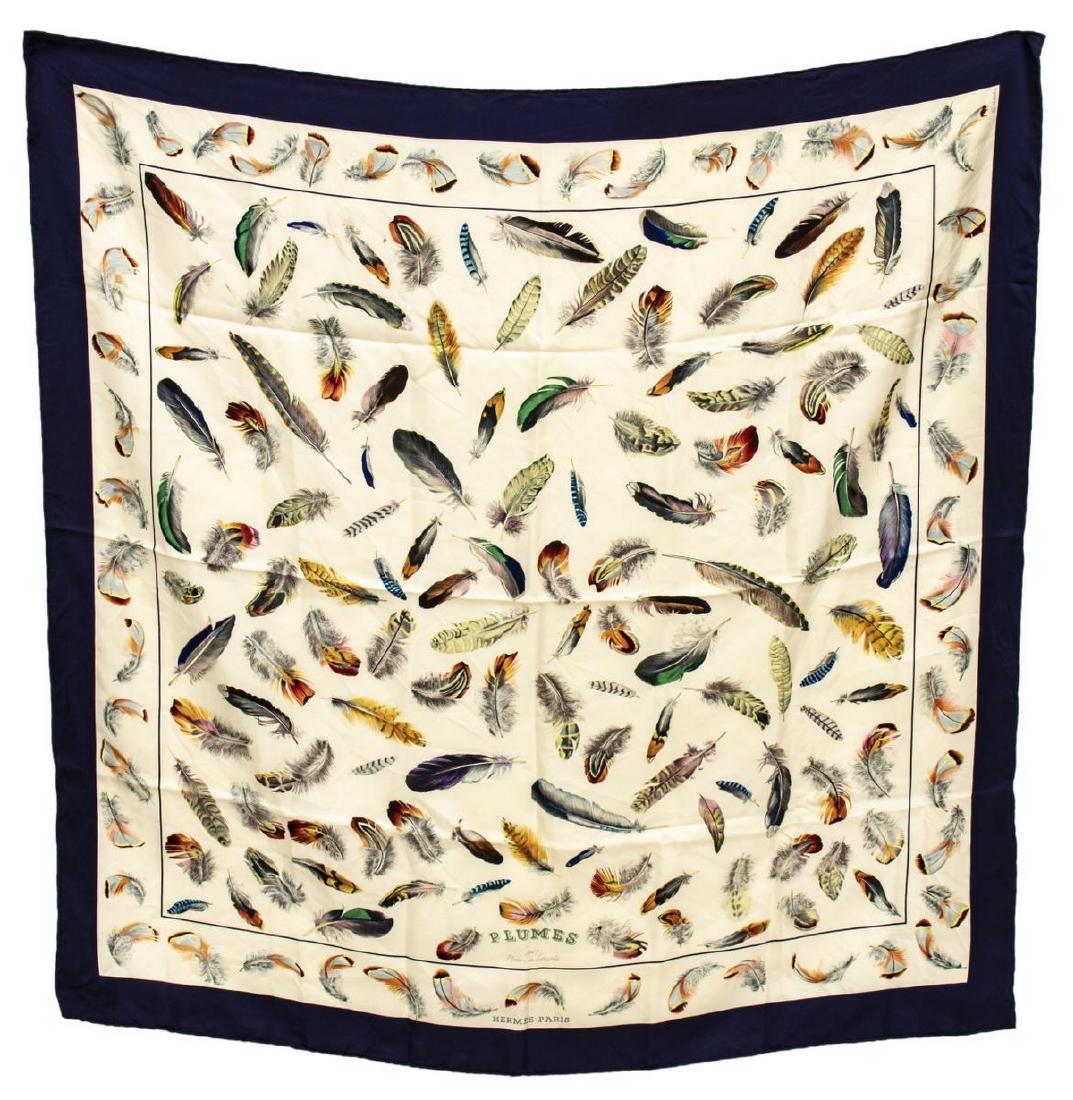 HERMES SILK TWILL SCARF, 'PLUMES' (FEATHERS) (1 of 2)