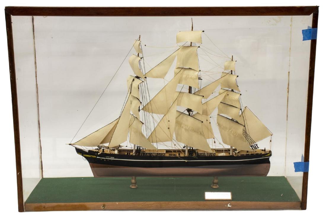 SCALE MODEL CLIPPER SHIP CUTTY SARK PLEXI CASE: Scale model of the clipper ship Cutty Sark, made by Scientific Models, Inc., Berkeley Heights, New Jersey, housed in worn plexi case, accompanied by detached pieces including three lifeboats and ancho