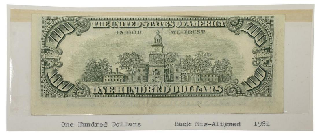 U.S. MISCUT, MISALIGNED, ERROR, $100 BILL: U.S. error currency, One Hundred Dollars, $100, Series 1981, Kansas City Federal Reserve, mis-aligned or mis-cut, Series 1974, the back close to upper edge Start Price: $125.00