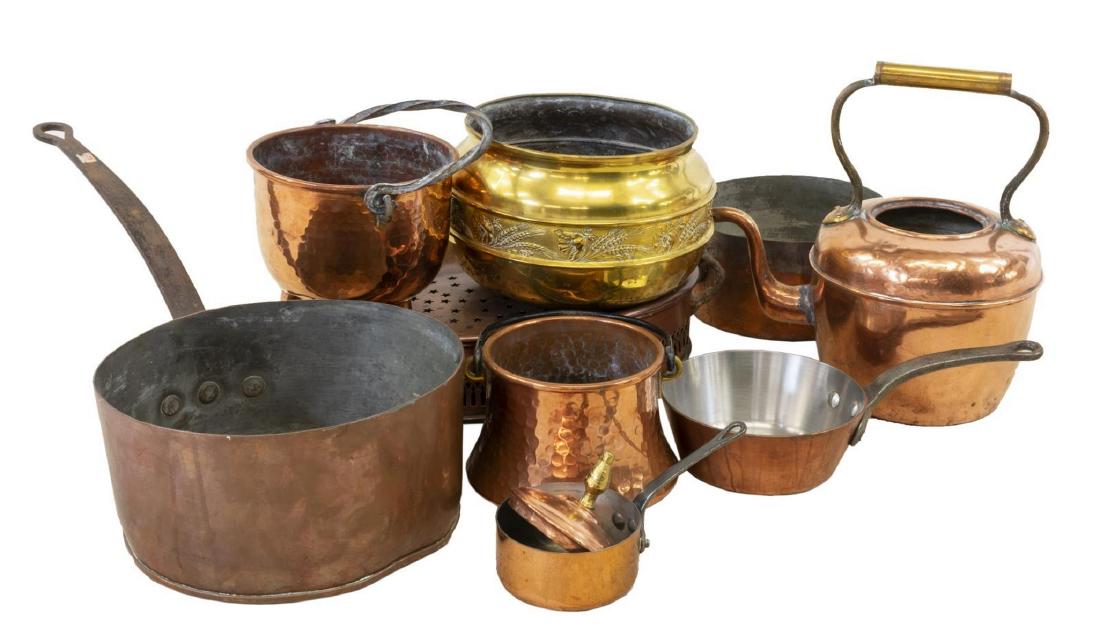 (9) COLLECTION OF FRENCH COPPER PANS & KITCHENWARE: (lot of 9) French copper pans and kitchenware, 19th/ 20th c., highlights include: (1) tea kettle, missing lid, 12.5"h, 12"l, 8"w, (1) pot, 7.5"h, 21"l, 10.5"w, (1) small pot with parcel gilt lidded co