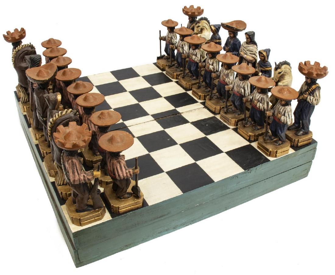 FOLK ART CARVED MEXICAN REVOLUTION CHESS SET
