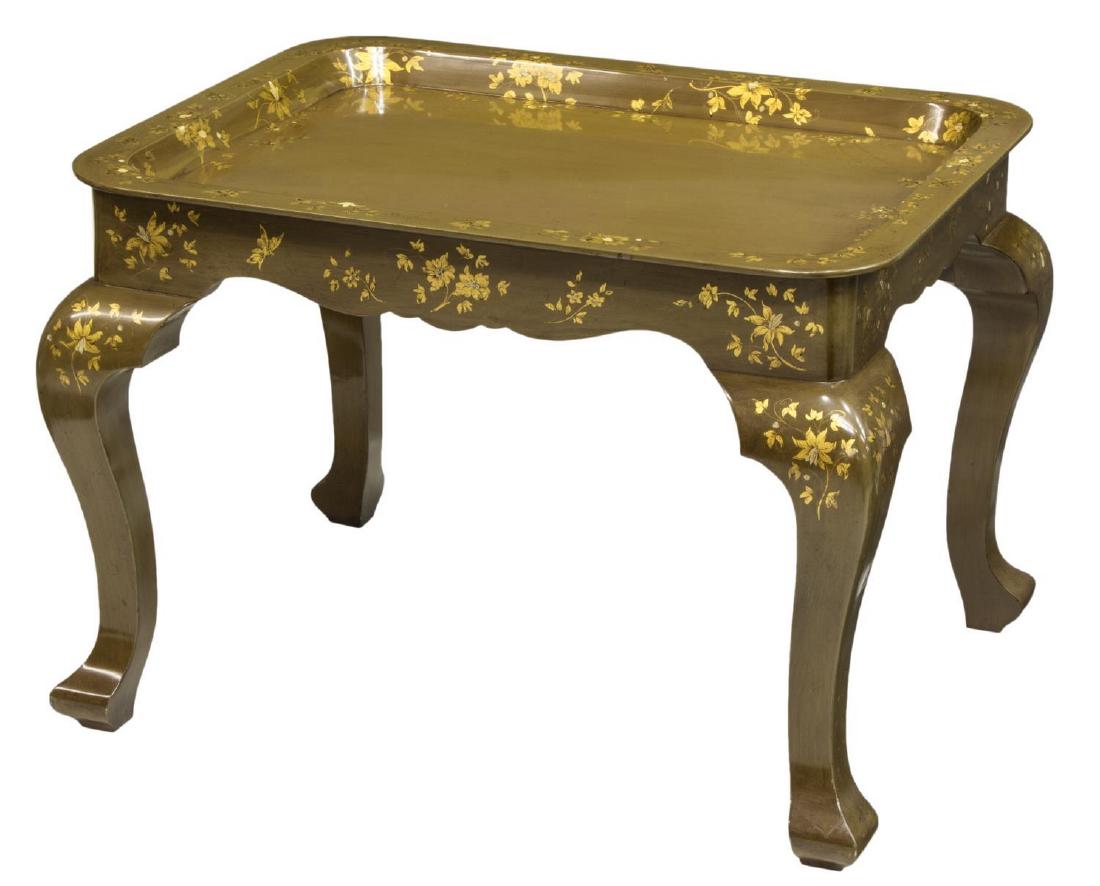 CHINOISERIE GILT PAINTED TRAY TABLE: Chinoiserie gilt painted tray table, having floral pattern, with recessed top, over scalloped frieze, rising on cabriole legs, and cuffed feet, approx 21"h, 30.5"w, 24"d Start Price: $80.00
