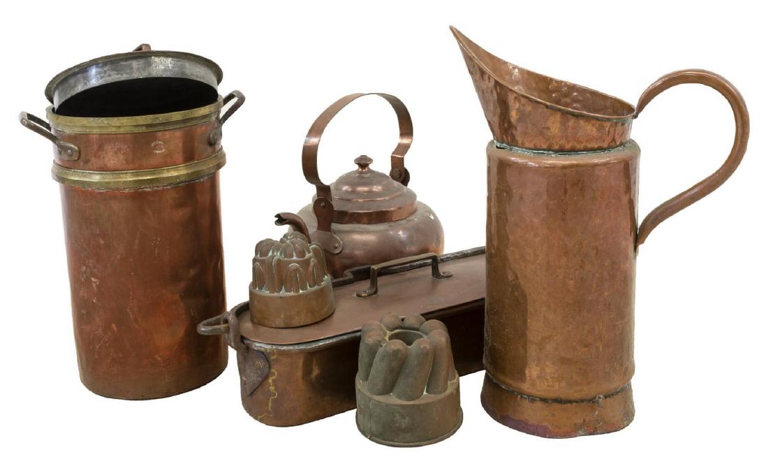 (6) COLLECTION OF FRENCH COPPER KITCHENWARE: (lot of 6) French copper kitchenware, 19th c., highlights include: (1) pitcher, 19"h, 14.5"l, 8"w, (1) tea kettle, 10.5"h, 14"l, 10"w, (2) food molds, largest: 4.75"h, 5.75"diam; 31.5lbs total Start P