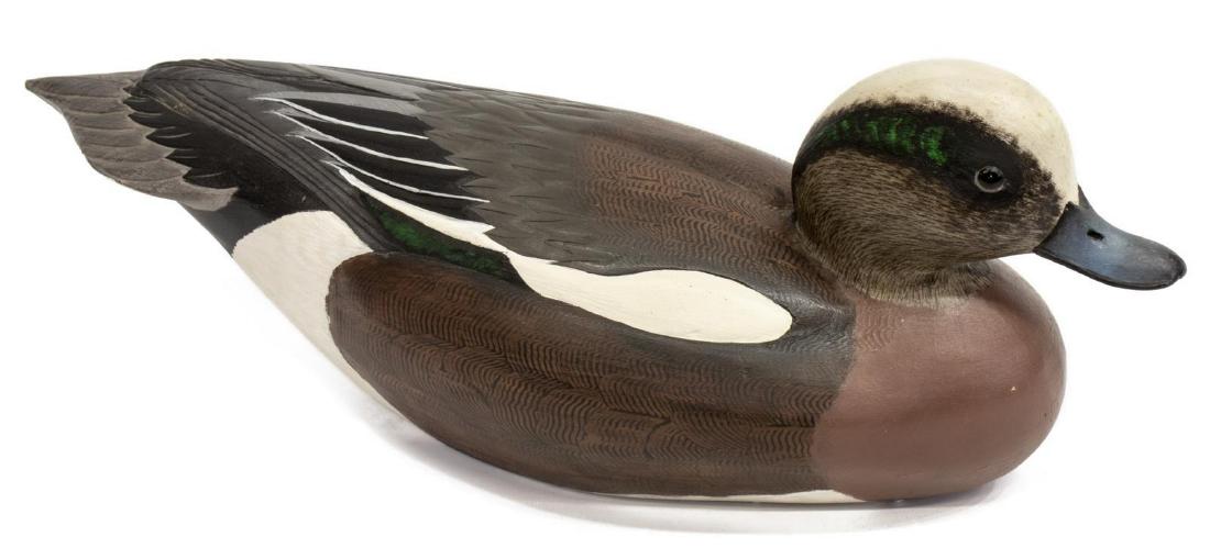 T.J. HOOKER, WIDGEON DRAKE PAINTED DUCK DECOY: Carved wood Widgeon Drake painted duck decoy, 1973, signed, dated, and branded 'JH' to underside: T.J. Hooker (20th c.), having comb feather painting to back and sides, fluted fail feathers, approx 5.