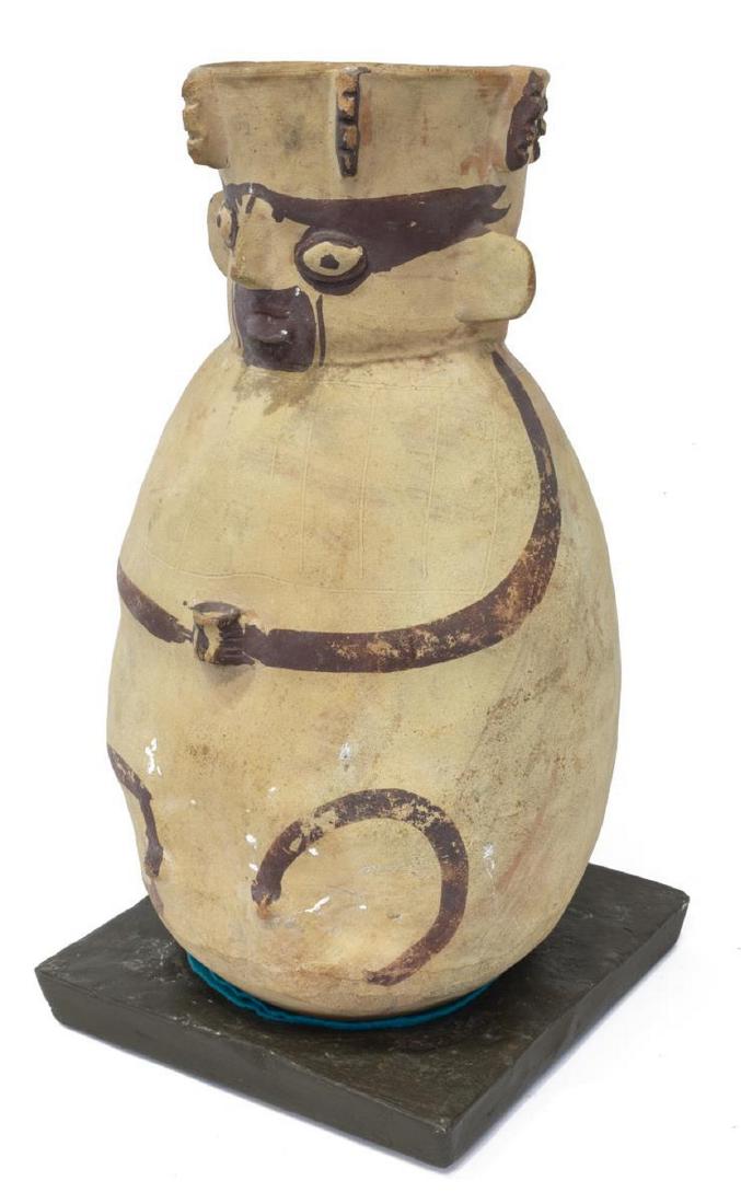 PRE-COLUMBIAN CHANCAY PERU FIGURAL EFFIGY URN: Figural effigy urn, Chancay culture of Peru, AD 1200-1400, tan clay with brown decoration, accompanied by documentation from Andre Emmerich Gallery, New York, dated 1961, on later stand, urn: approx 1