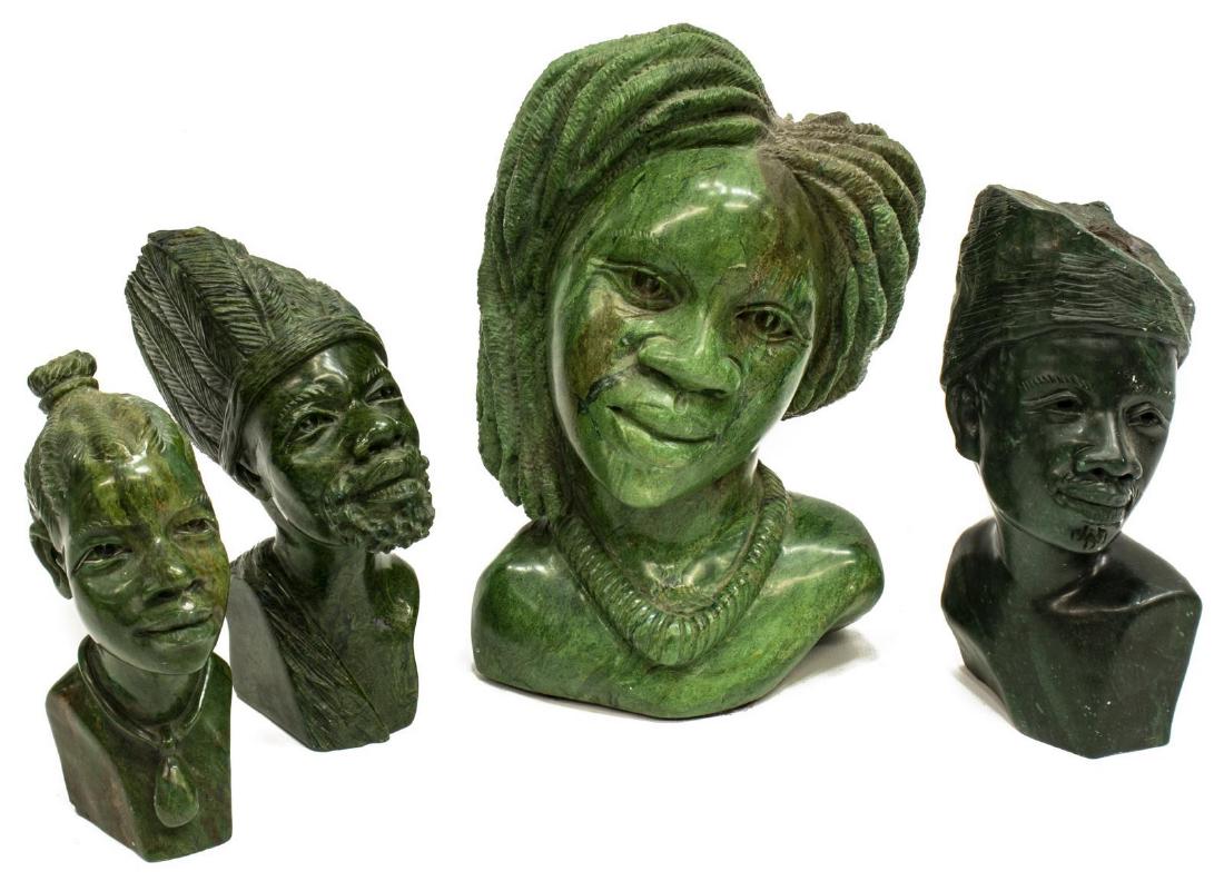 (4) DARIOS CHIKUMBIRIKE & OTHER VERDITE CARVINGS: (lot of 4) African Verdite figural stone carvings: (1) large bust of a female, approx 8.5"h, 5.5"w, 3"d; (1) Shona, head of a man, approx 7"h, 3"w, 2.5"d; (2) Darios Chikumbirike male and female figur