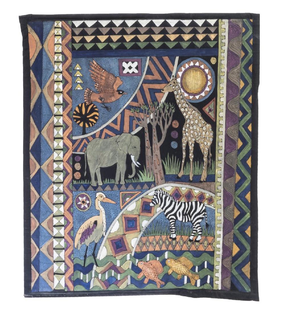 AFRICAN PAINTING ON FABRIC DEPICTING WILD ANIMALS: African polychrome painting on black fabric depicting various animals including, giraffe, elephant, birds, zebra, 61'h, 55"w. Start Price: $80.00