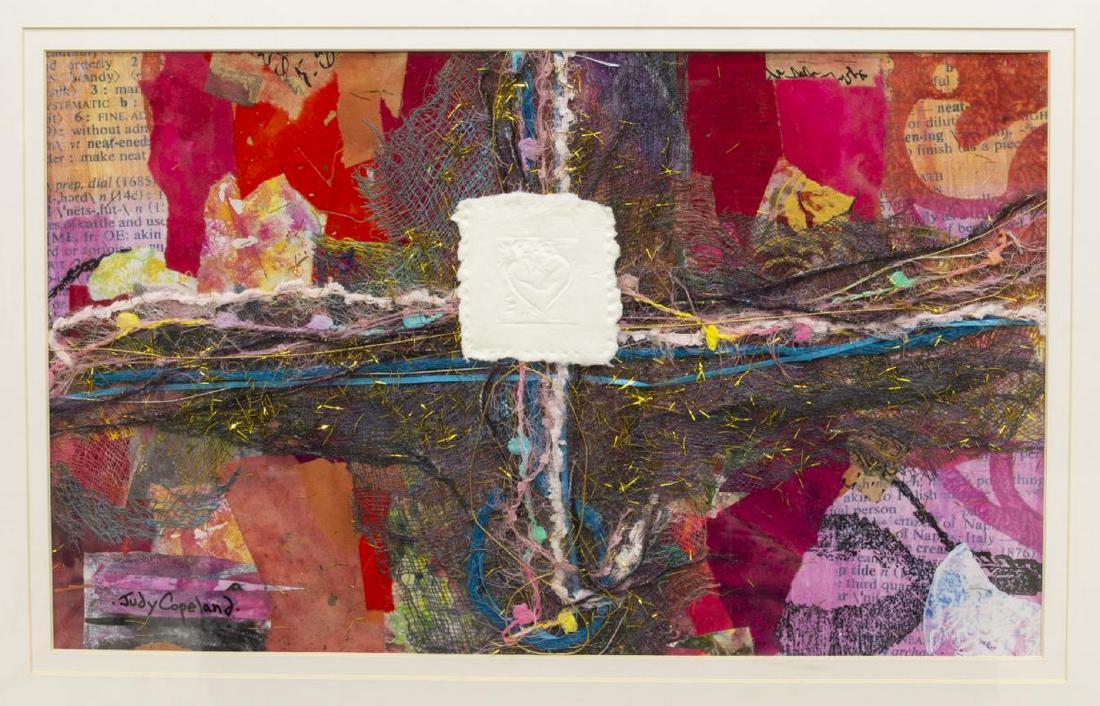 JUDY COPELAND (TEXAS, B.1943) MIXED MEDIA COLLAGE: Framed mixed media collage on paper, "It's Party Time," signed lower left Judy Copeland (Louisiana, Texas, b.1943), titled on artist's label verso, sight: approx 13.5"h, 22"w, overall: approx 22.25"h,