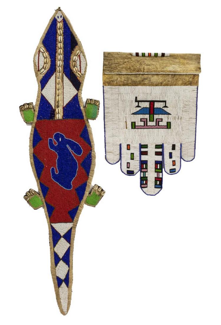 (2) AFRICAN BEADWORK JOCOLO & ALLIGATOR: (lot of 2) African beadwork: (1) jocolo, a ceremonial apron worn by women, Bantu, South Africa, multi-color beadwork on sheep skin, 22.75"h, 15.25"w; (1) alligator form cloth, one sight with multi-col