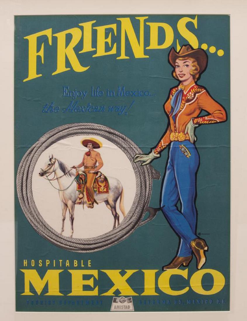 VINTAGE ADVERTISING TRAVEL LITHO POSTER MEXICO: Framed lithograph travel poster, mid 20th c., reading: "Friends... Enjoy life in Mexico... The Mexican way!" printed by ECO Publicistas, issued by the Mexico tourist department, sight: approx 24.25"h,