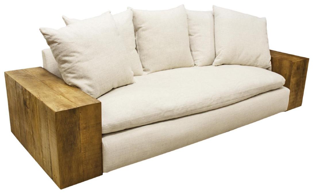 MODERN WOOD FRAME SOFA: Modern Sofa in a white tweed like fabric having removable single seat cushion and back pillows, the arms and supports formed as a natural wood box at each end, 26.5"h, 107"w, 38.75"d Start Price: $300