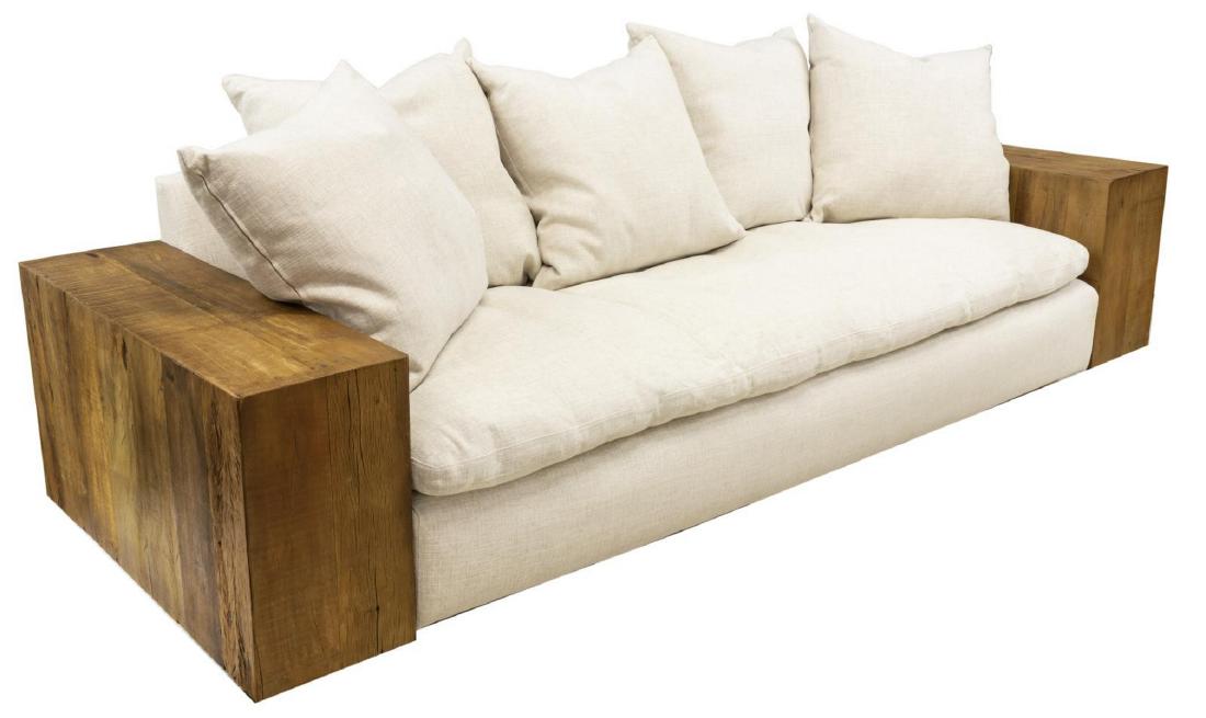 MODERN WOOD FRAME SOFA: Modern Sofa in a white tweed like fabric having removable single seat cushion and back pillows, the arms and supports formed as a natural wood box at each end, 26.5"h, 107"w, 38.75"d Start Price: $300