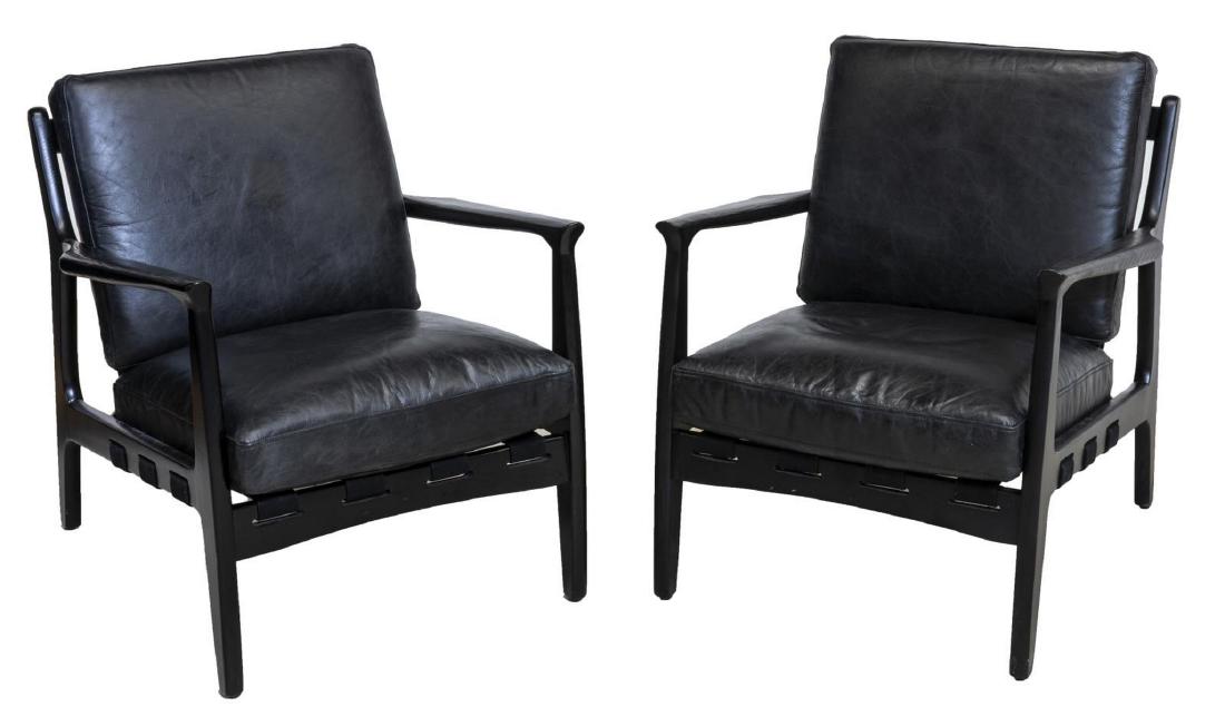 (2) MODERN SILAS SIDE ARM CHAIRS, BLACK LEATHER: (pair) Silas lounge side chairs, "aged" oak black finish frame with cotton and leather supports, removable black leather back and seat cushions, 29.75"h, 28.25"w, 31"d Start Price: $150.00