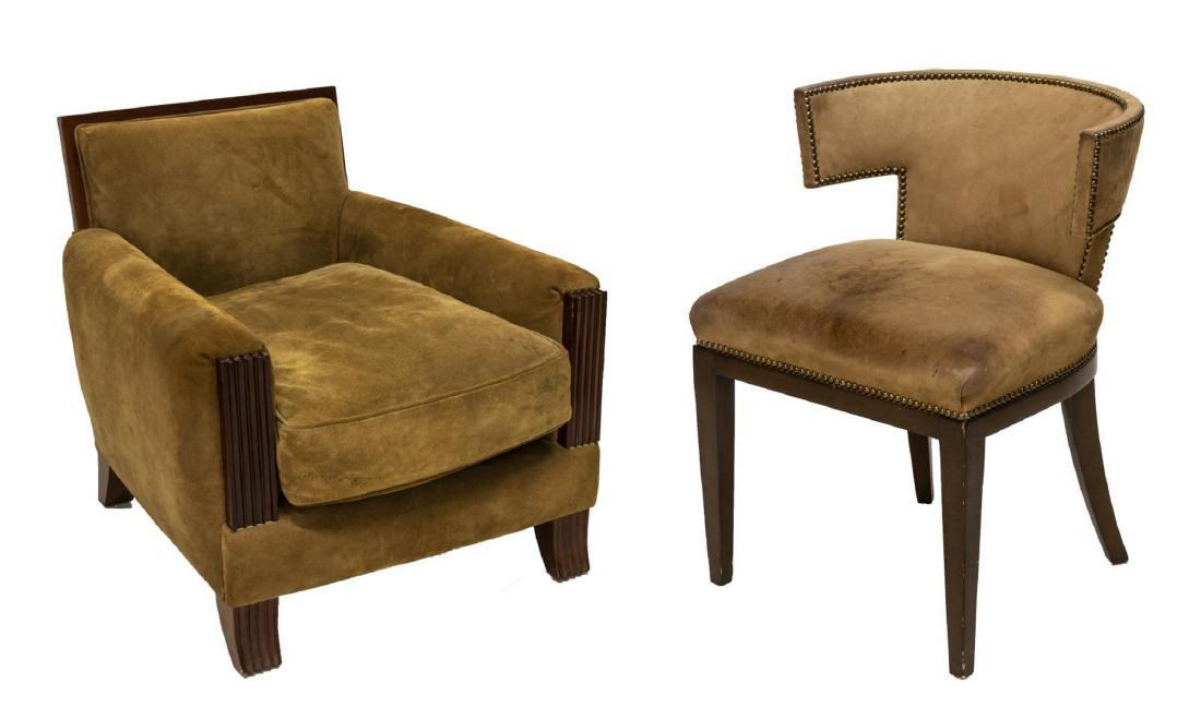 (2) CLUB ARMCHAIR & NANCY CORZINE SIDE CHAIR: (lot of 2) Contemporary chairs, 20th c., including: (1) Nancy Corzine side chair, upholstered curved back and seat, with decorative nail head trim, rising on tapering legs, approx 29"h, 20.25"w, 22"d,