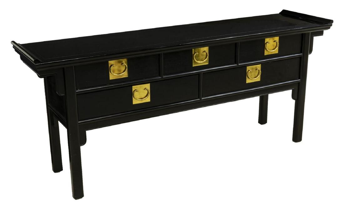 CENTURY CHINOISERIE 'CHIN HUA' CONSOLE ALTAR TABLE: Chinoiserie "Chin Hua" console table, late 20th c., retaining maker tag Century Furniture Hickory, NC, in black lacquer finish, having pagoda tabletop, over five drawers with gilt metal pulls, approx 