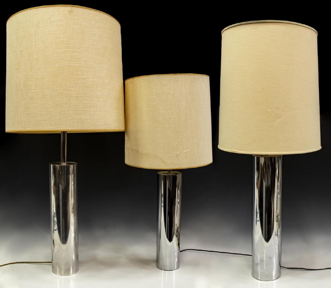 (3) ROBERT SONNEMAN MODERNIST CHROME TABLE LAMPS: (lot of 3) Modernist table lamps, c. 1970s, including: (2) with chromed steel standards, designed by Robert Sonneman (United States, b.1943), retaining labels, (1) with chromed metal standard, in the 