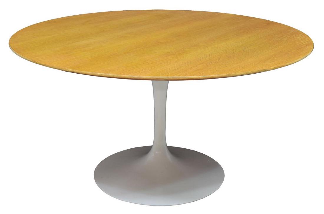 EERO SAARINEN FOR KNOLL TULIP DINING TABLE 54"DIAM: Mid-century modern tulip table, designed by Eero Saarinen (Finland, United States, 1910-1961) for Knoll International, a circular oak top rising on the white finished steel base, approx 28.5"h, 54"dia