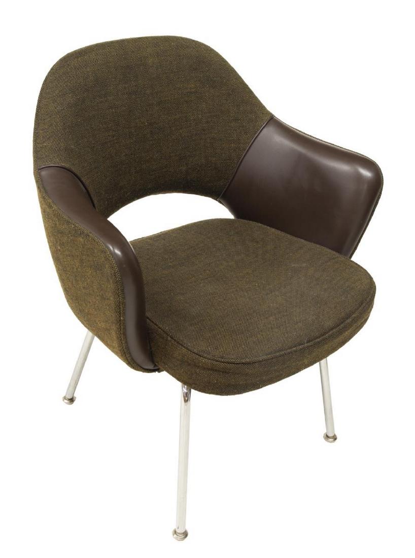 EERO SAARINEN FOR KNOLL EXECUTIVE ARMCHAIR: Saarinen Executive armchair, designed by Eero Saarinen (Finland, United States, 1910-1961) for Knoll International Inc., in brown woven upholstery, with tonal vinyl accents, rising on tubular chromed 