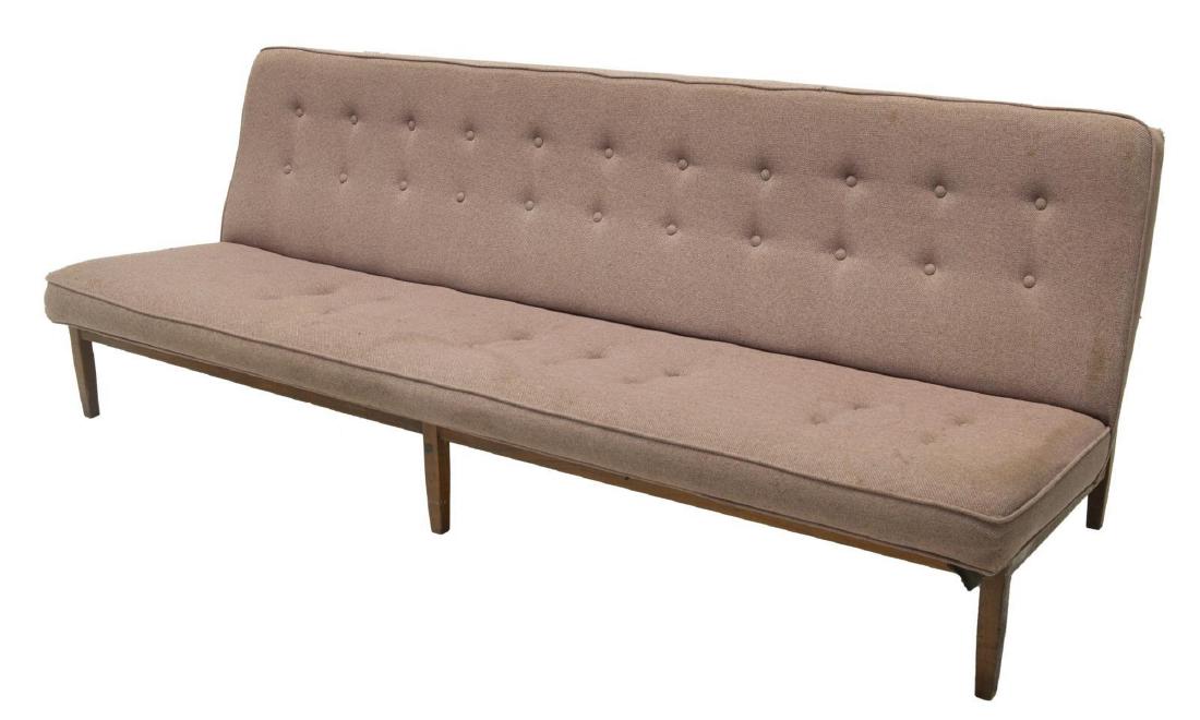 FLORENCE KNOLL OPEN BACK SOFA W/ TEAK BASE: Mid-century modern sofa, c.1960s, designed by Florence Knoll (United States, 1917-2019), buttoned upholstery with stains, on teak base with open back, rising on squared tapered legs, approx 30.5"h, 84