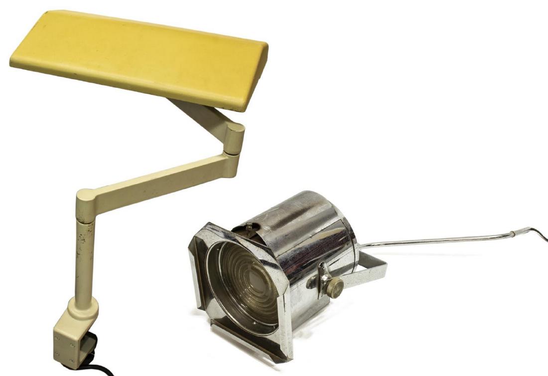 (2) HERMAN MILLER MODEL LT100LN DESK TASK LAMP: (lot of 2) Modernist industrial lighting, including: (1) Herman Miller desk/ task lamp, model LT100LN, with articulated arm, on tabletop clamp, approx 20.5"h, 16"w, (1) chromed steel theater spotlight