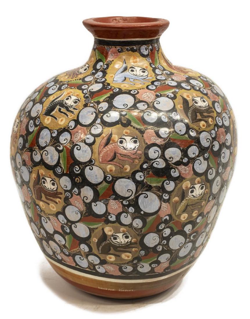SALVADOR VAZQUEZ (B.1933) JALISCO BRUNIDO POTTERY: Brunido pottery tibor (jar), signed Salvador Vazquez (Salvador Vazquez Carmona, Tonala, Jalisco, Mexico, b.1933), circular reserves with stylized depictions of squirrels, approx 13.5"h, 11"diam, 5lbs 