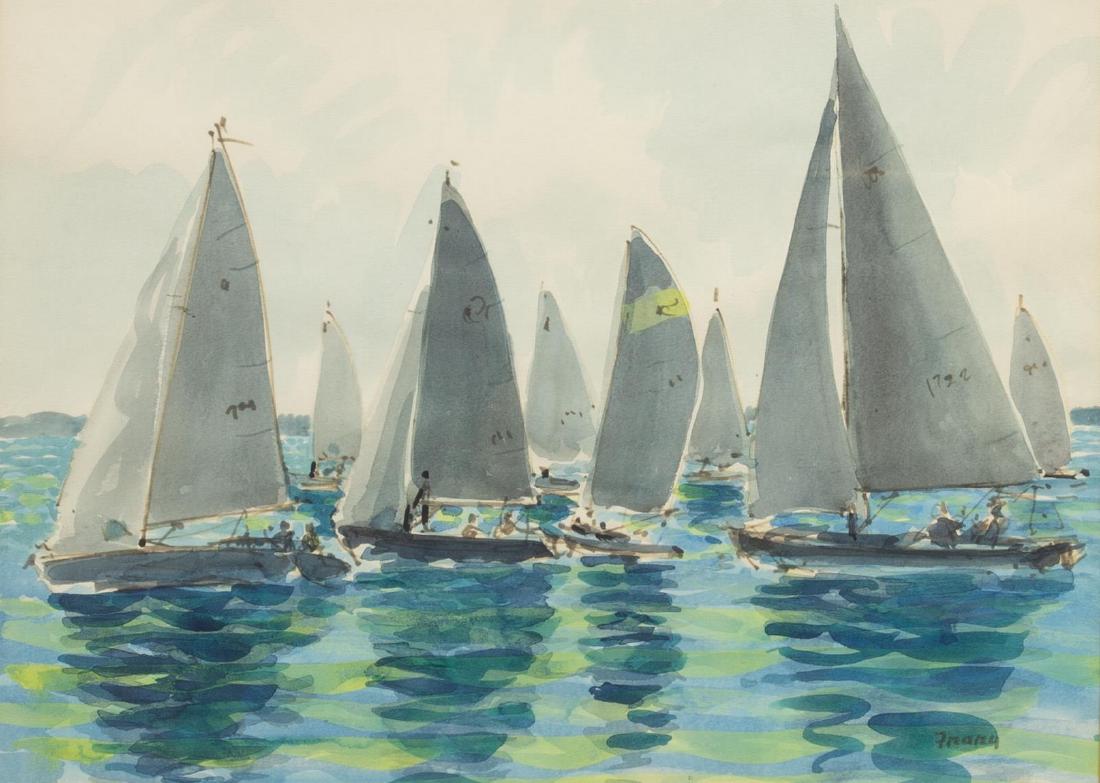 MICHAEL FRARY (TX, 1918-2005) WATERCOLOR SAILBOATS: Framed watercolor painting on paper, Sailboats, signed lower right Frary (Michael Frary, Texas, 1918-2005), Country Store Gallery label verso, sight: approx 17"h, 23"w, overall: approx 26"h, 32"w, 9.5