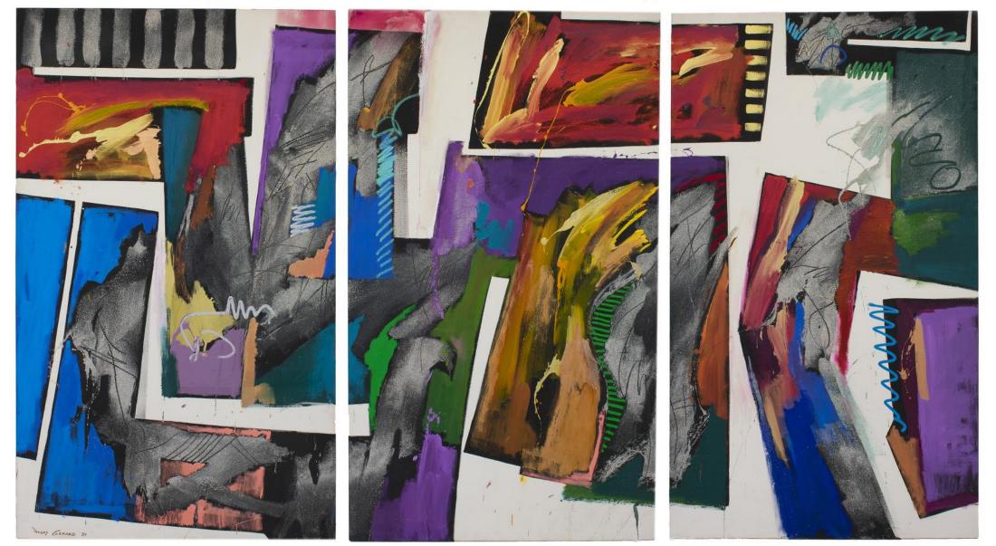 JONAS GERARD (B.1941) LARGE MODERN TRIPTYCH: Large unframed mixed media painting on stretched canvas, "Don't Fence Me In," signed Jonas Gerard (Morocco, United States, b.1941), dated 1989 and titled verso, in three parts, each canvas: approx 72"